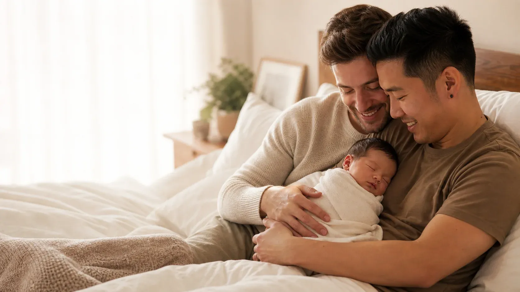 Two fathers holding their newborn after a surrogacy journey.
