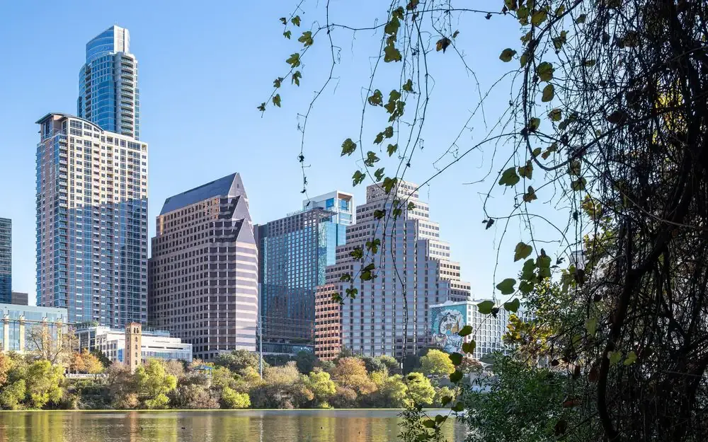 Austin skyline along Lady Bird Lake.