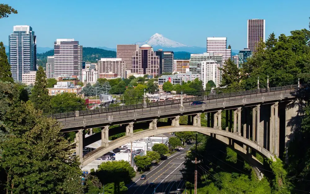 Portland, Oregon skyline, Vista Bridge, and Mount Hood.