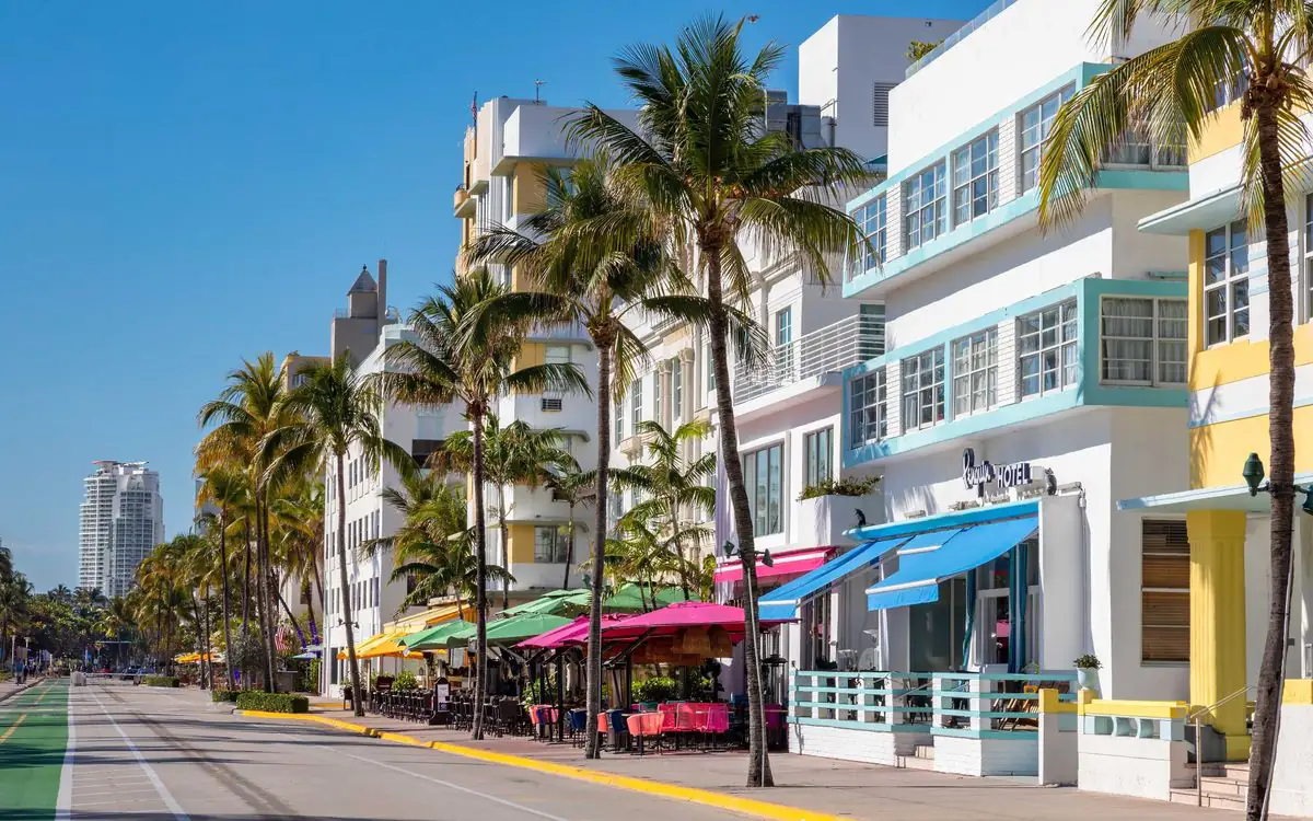 Miami Beach Art Deco district along the ocean.