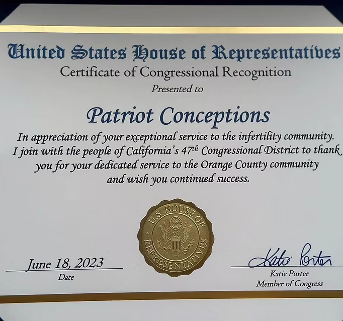 Congressional Recognition certificate for Patriot Conceptions.
