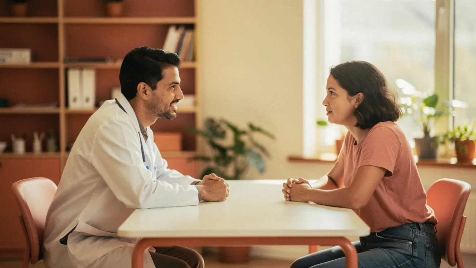 A patient and physician discussing a family-building care plan.