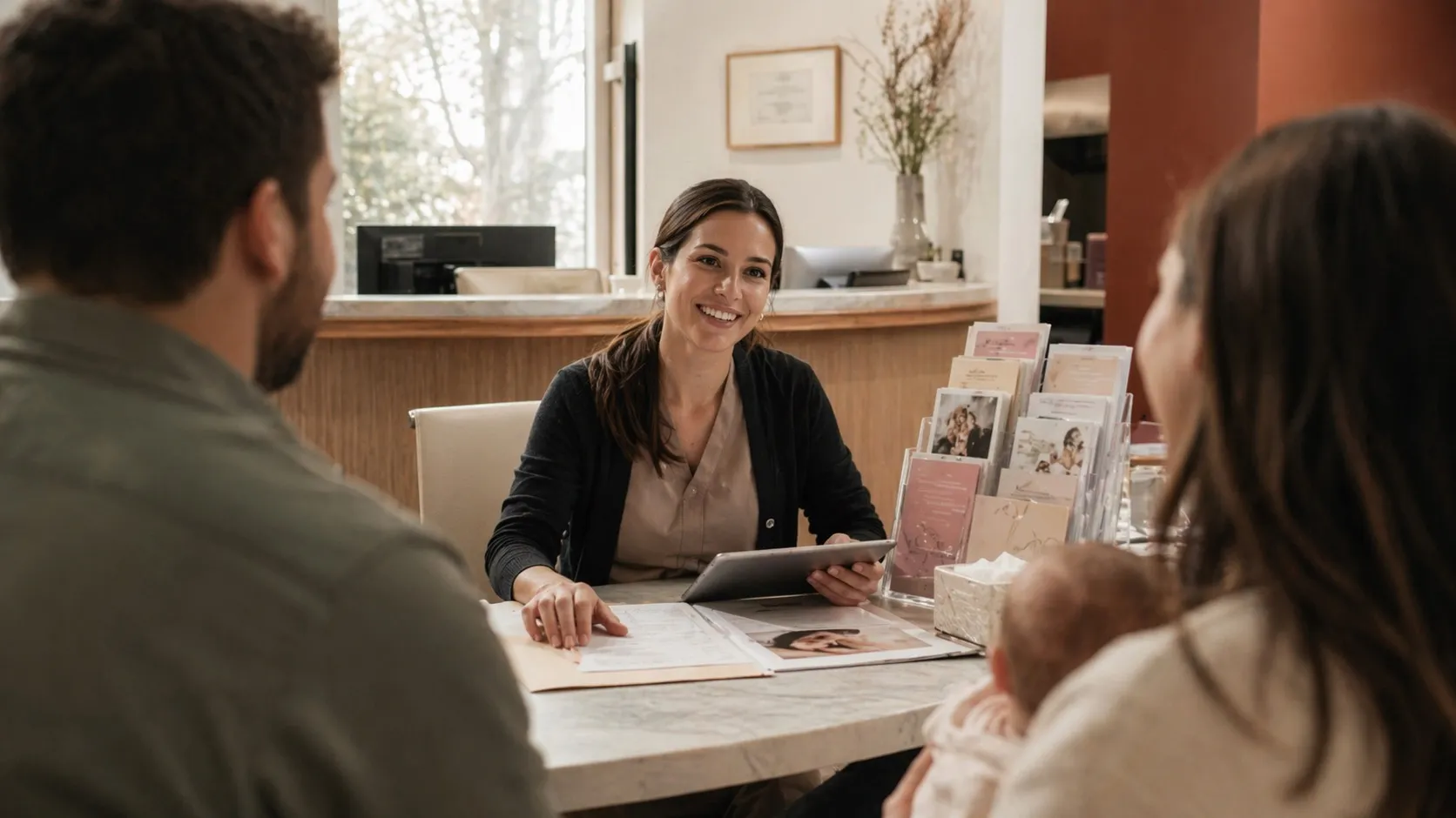 Care coordinator taking notes during a private intended-parent consultation