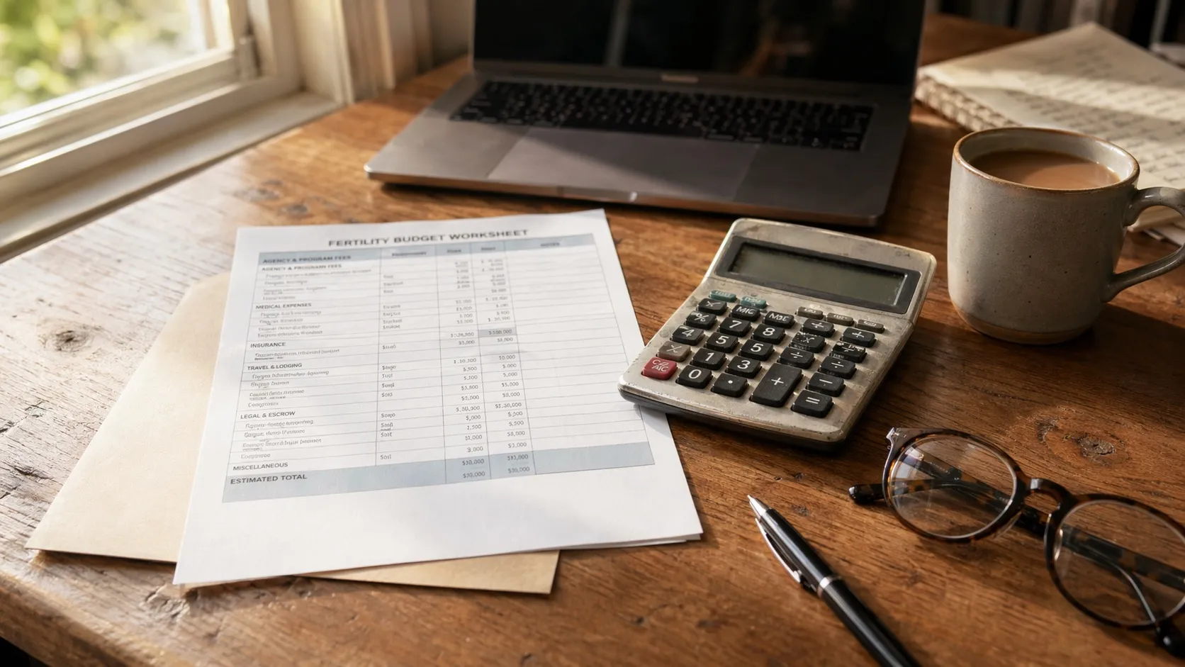 Surrogacy planning worksheet with budget and timing notes