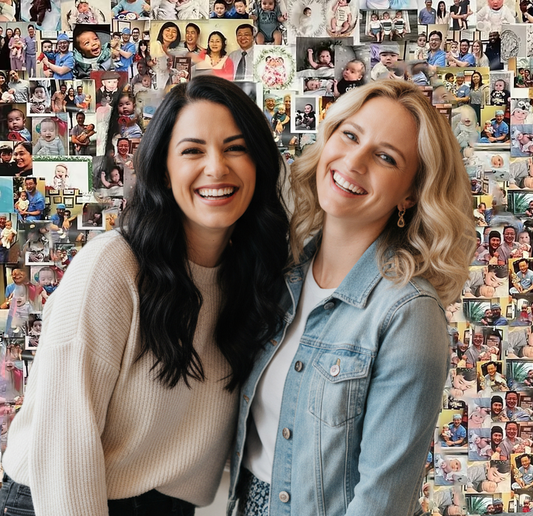 Two Patriot Conceptions coordinators smiling in front of a wall of real family photographs.