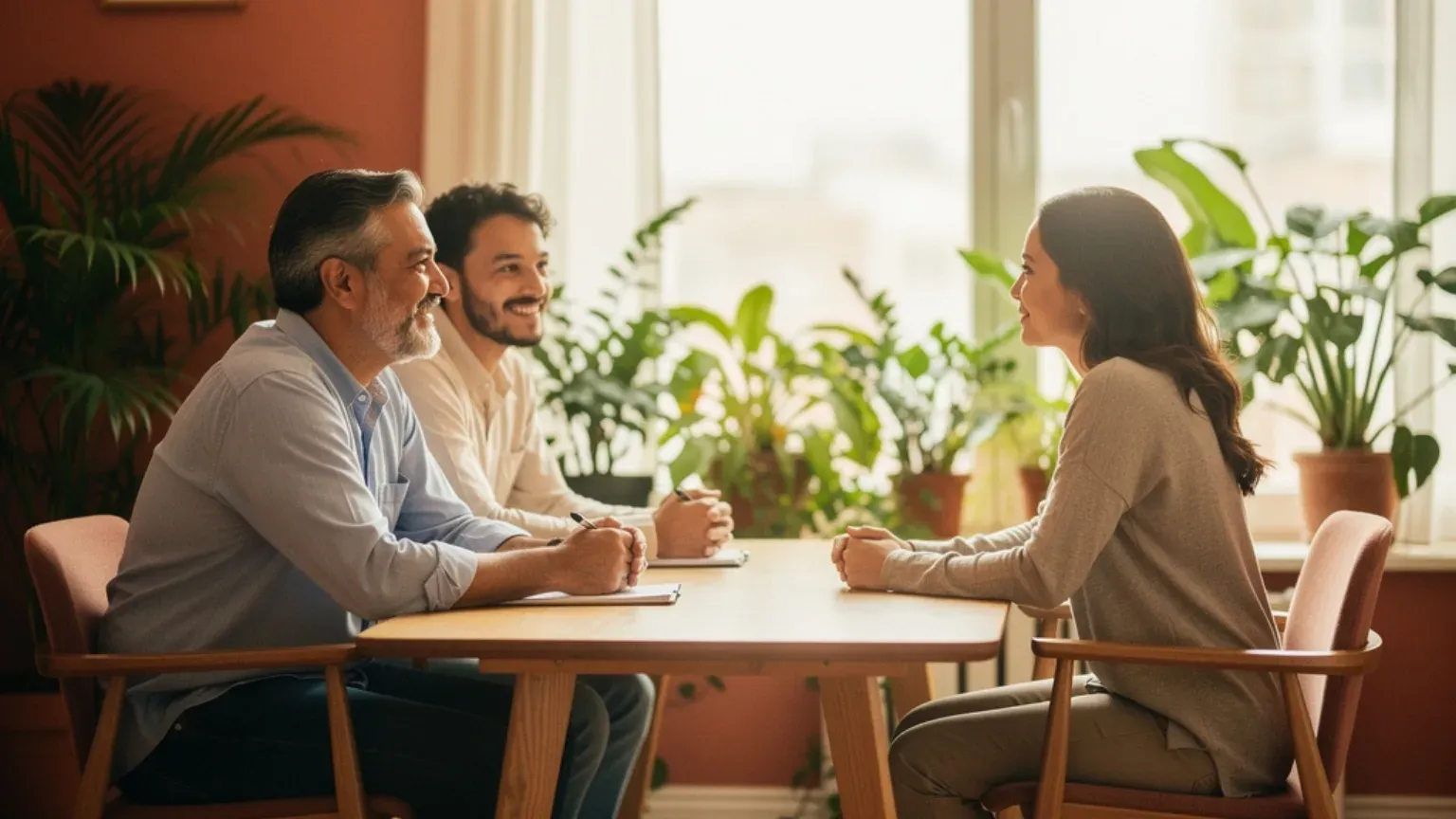 Intended fathers discussing egg-donor options with a counselor.