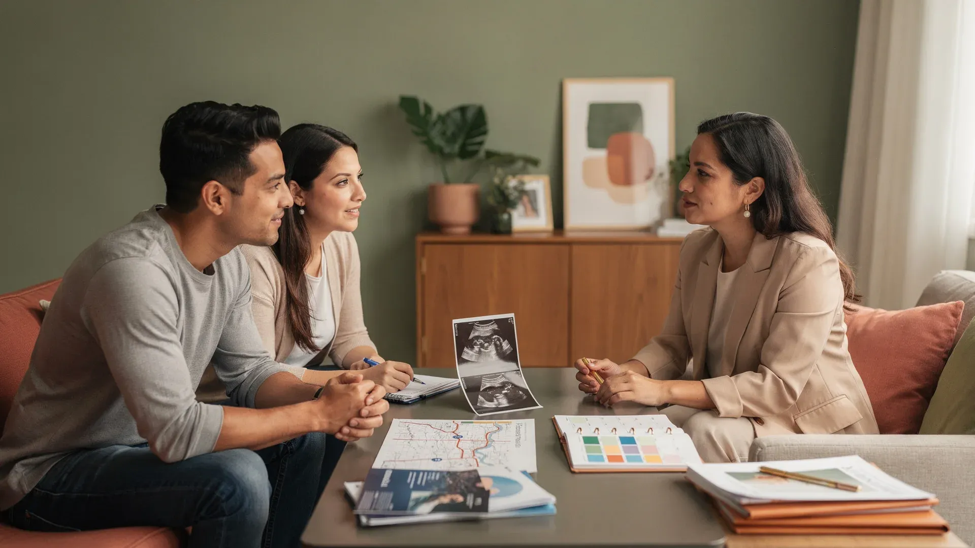 Familia hispanohablante revisando un plan de gestación subrogada en Estados Unidos.