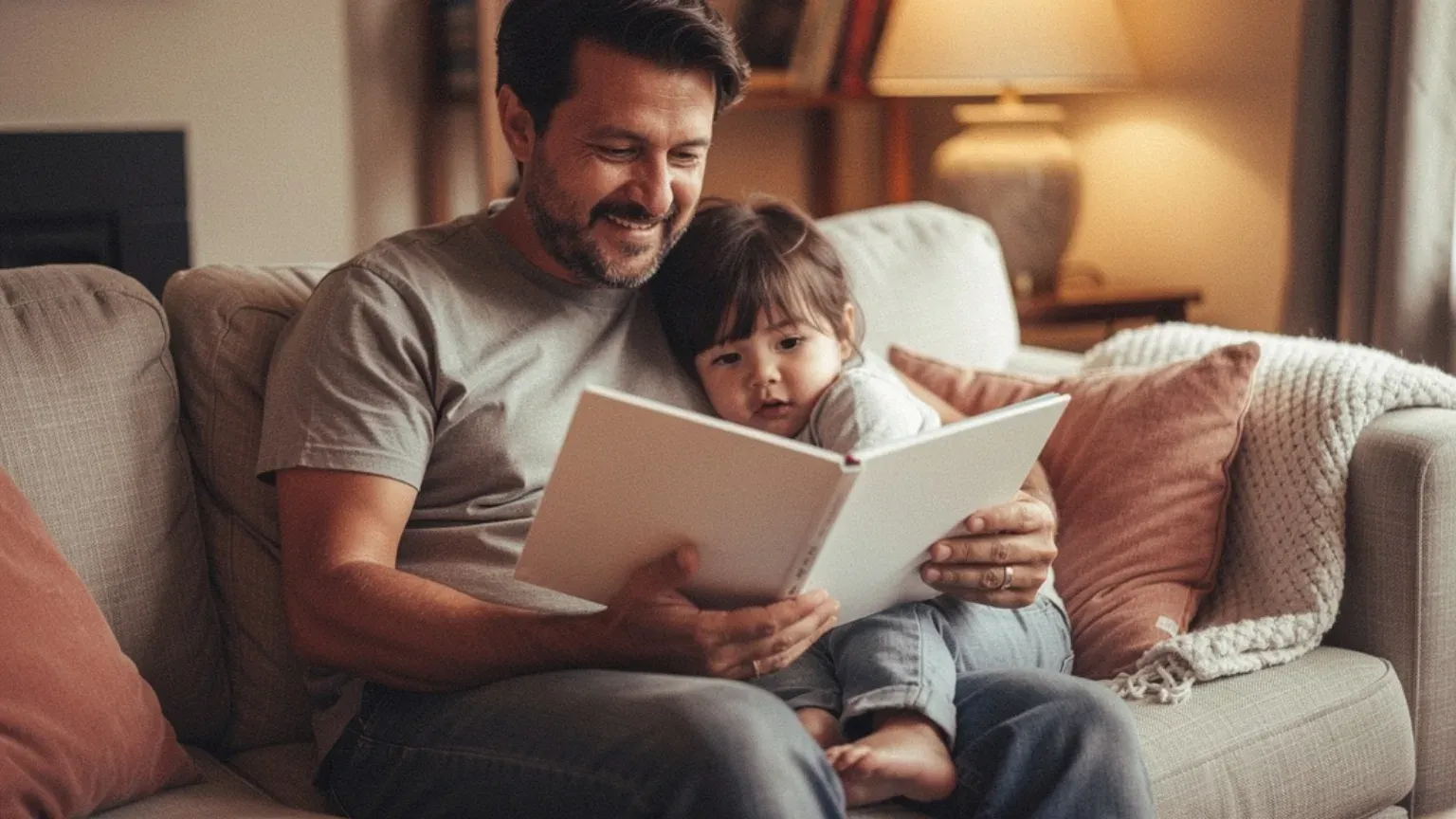 A father reading with his child at home.