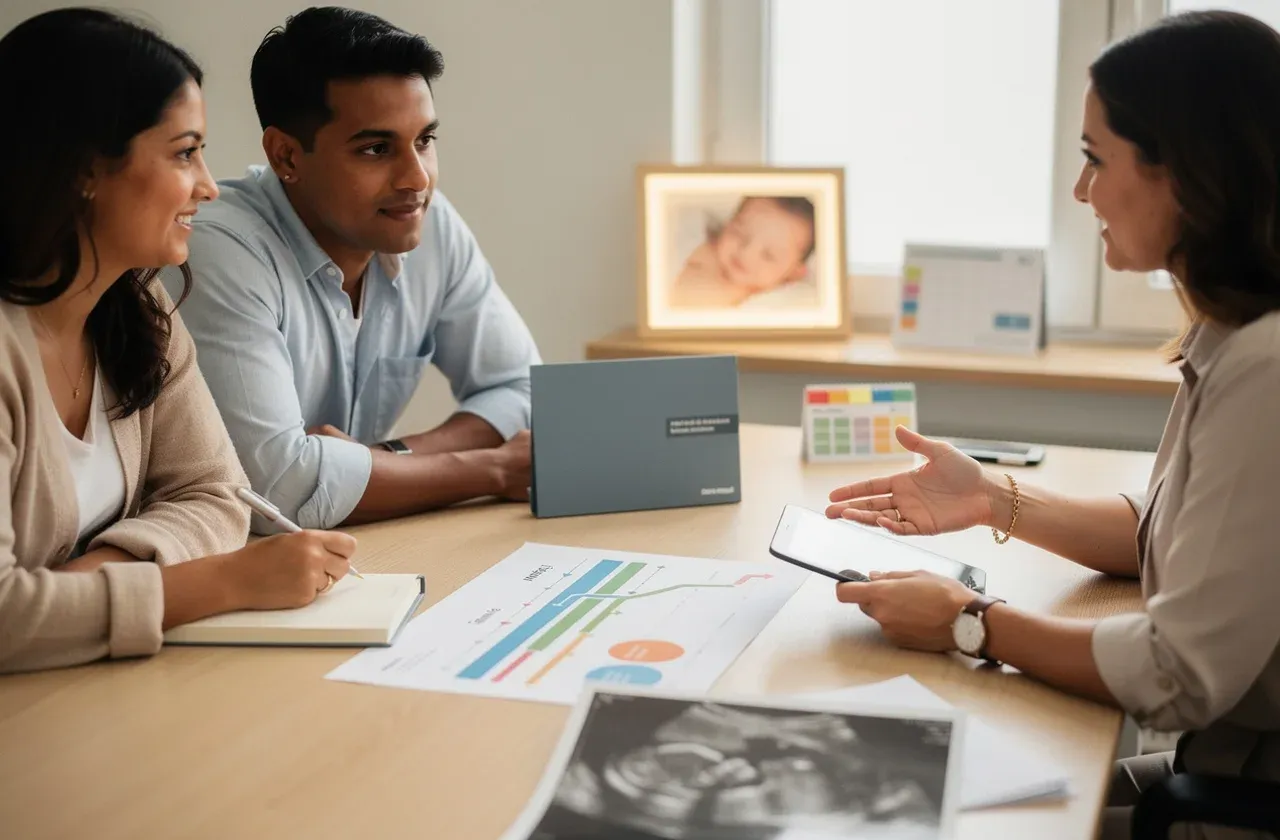 Parents francophones et coordinatrice préparant un parcours de GPA aux États-Unis avec échographie, calendrier et points de conseil juridique.