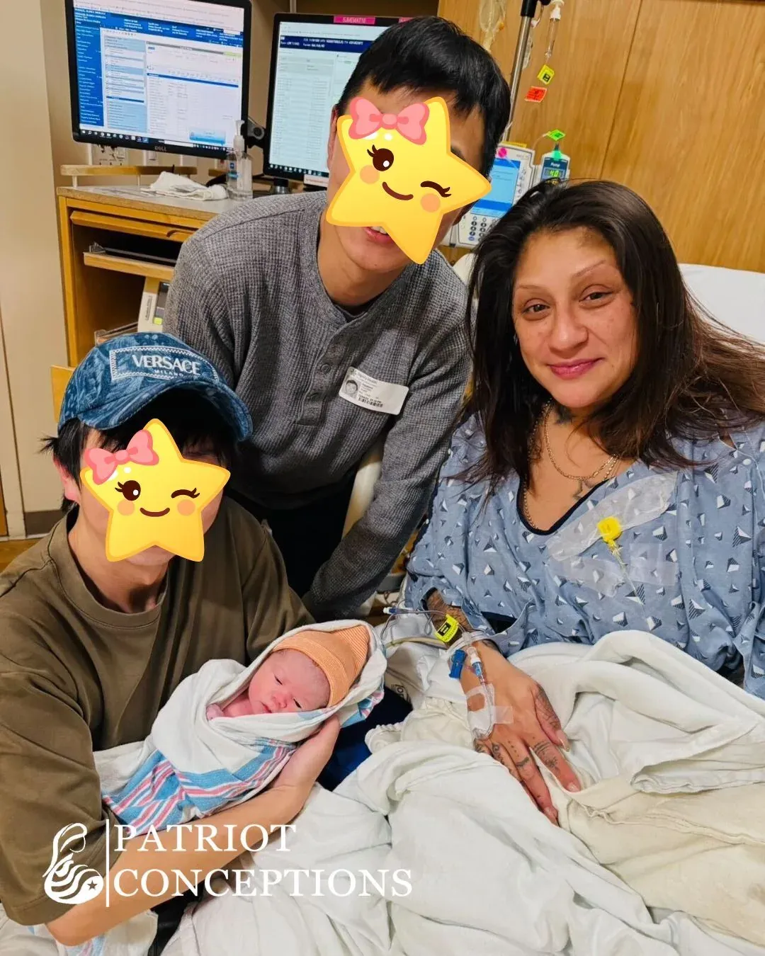 Two intended fathers with their newborn and their surrogate in the hospital after delivery.