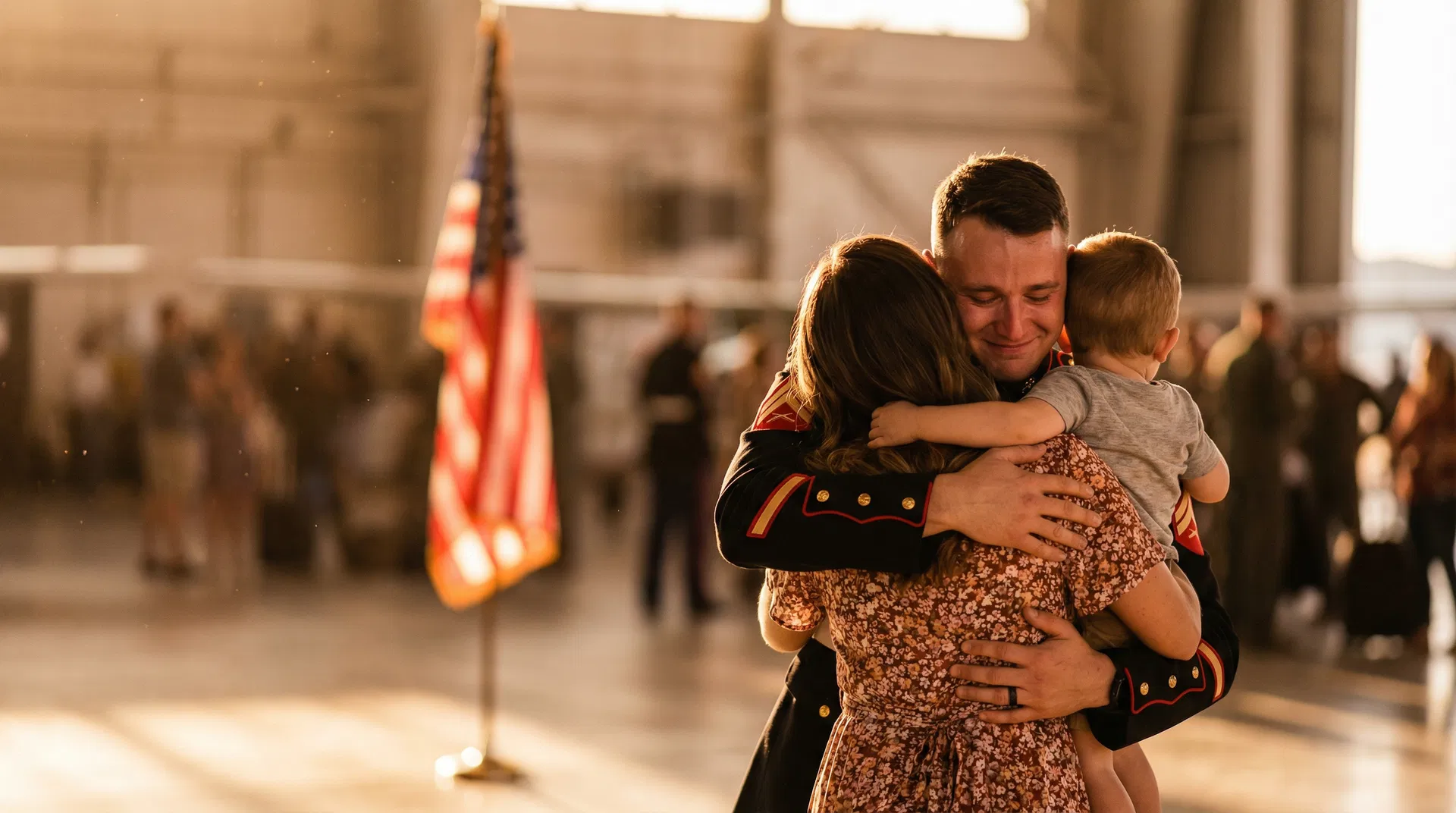 Military family sharing a grounded homecoming moment in a calm, premium setting
