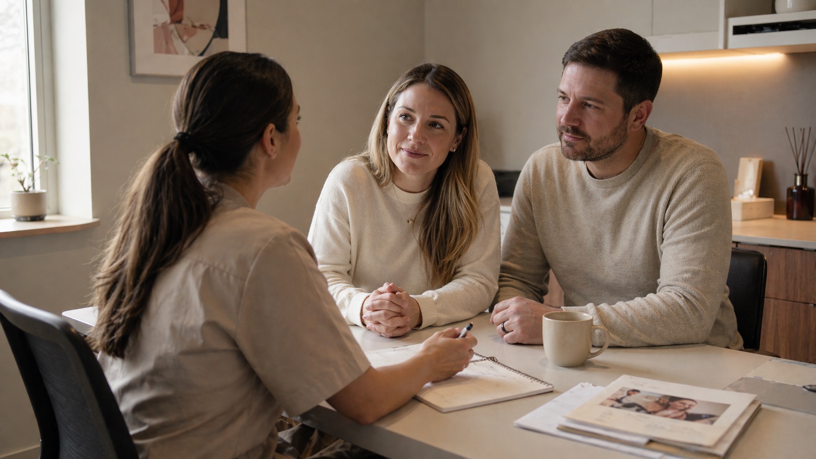 Intended parents and a coordinator reviewing process milestones for a surrogacy journey