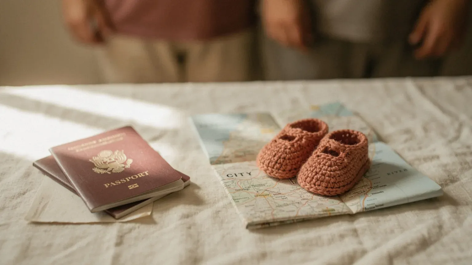 Travel documents and baby shoes arranged for an international journey home.