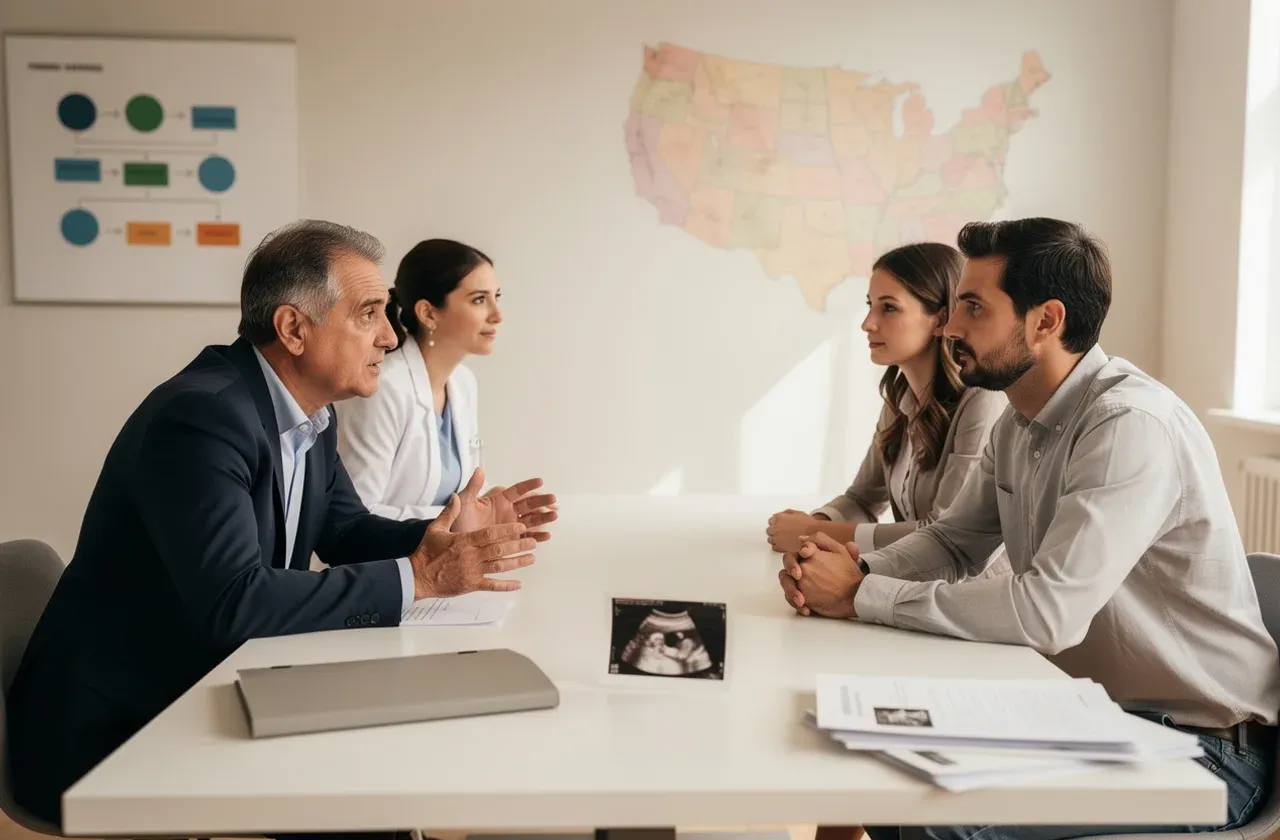 Coppia italiana, counsel e coordinatrice discutono rischi legali, mappa statale USA ed ecografia in una riunione preliminare.