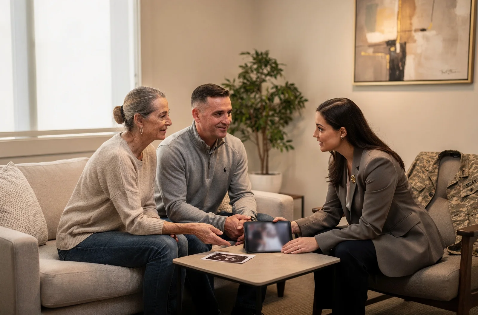 Military-connected intended parents meeting with a surrogacy care coordinator for application intake
