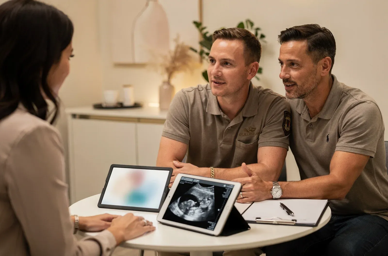 Military-connected intended parents and a coordinator reviewing surrogacy policy changes with ultrasound context.