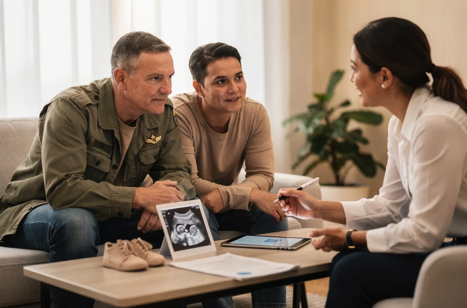 Military-connected intended parents reviewing surrogacy access evidence with a care coordinator