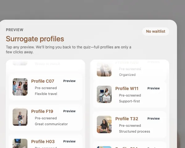 Patriot Conceptions surrogate profile preview cards on the website