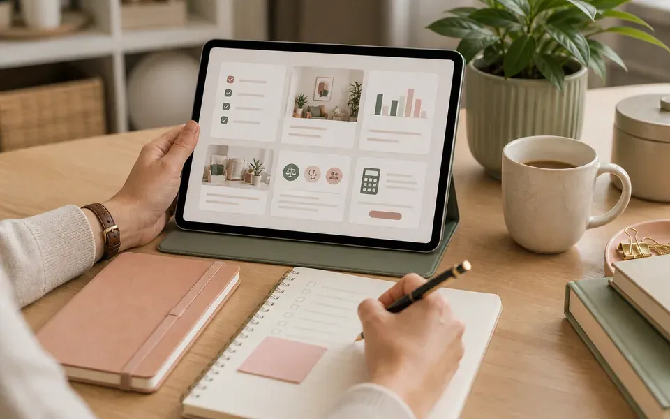 A person at a desk working through a checklist on a tablet while taking notes on a pad.