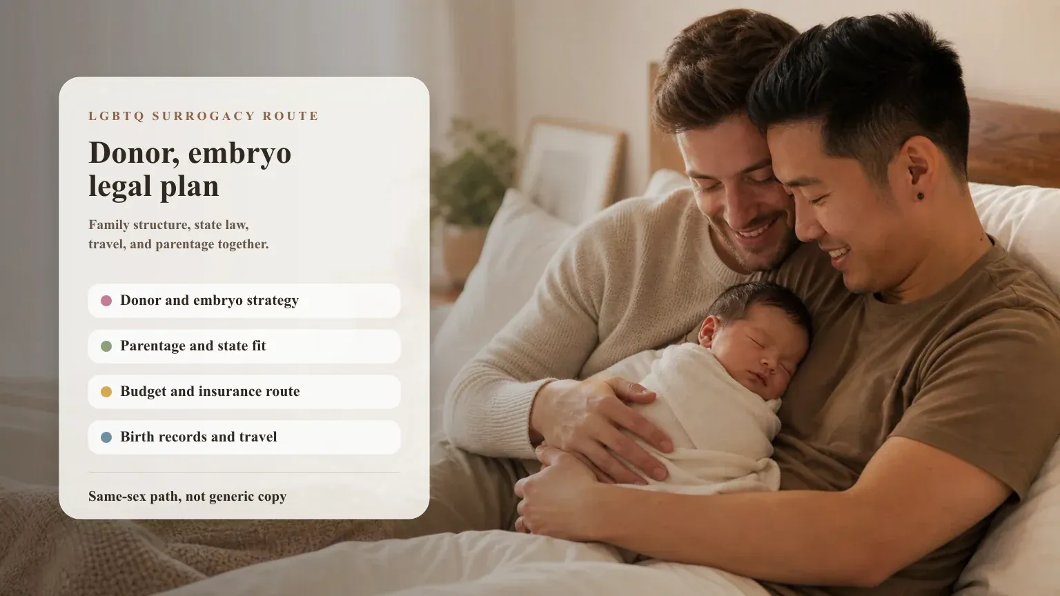 Two dads with a newborn beside a same-sex surrogacy planning brief for donor, embryo, legal, budget, parentage, birth records, and travel planning