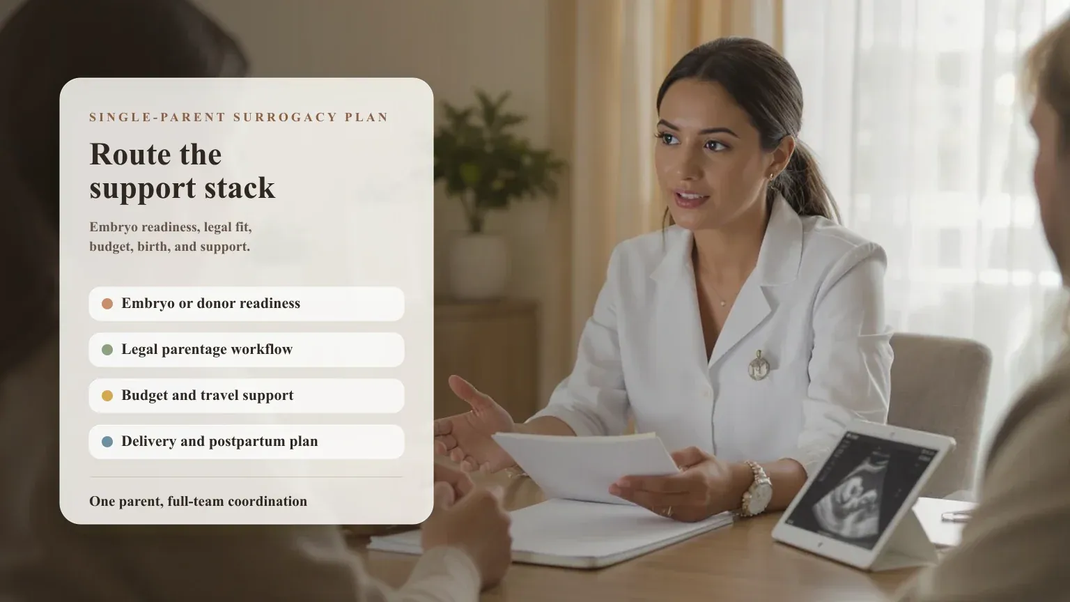 Single-parent surrogacy planning brief beside a family-building consultation with ultrasound context, covering embryo readiness, legal parentage, budget, delivery, and postpartum support