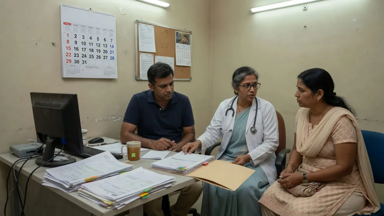 A couple talks with a doctor at a cluttered clinic desk.