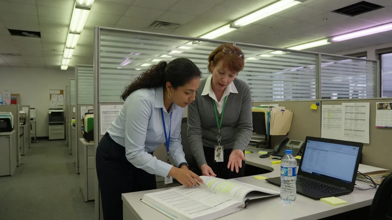 Two colleagues review a binder together in an ordinary office.