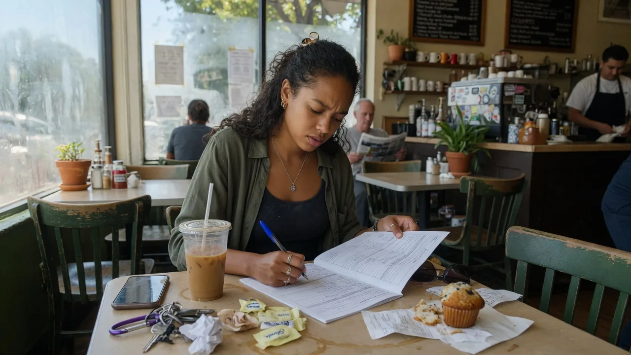 A young woman fills out a form at a neighborhood cafe.