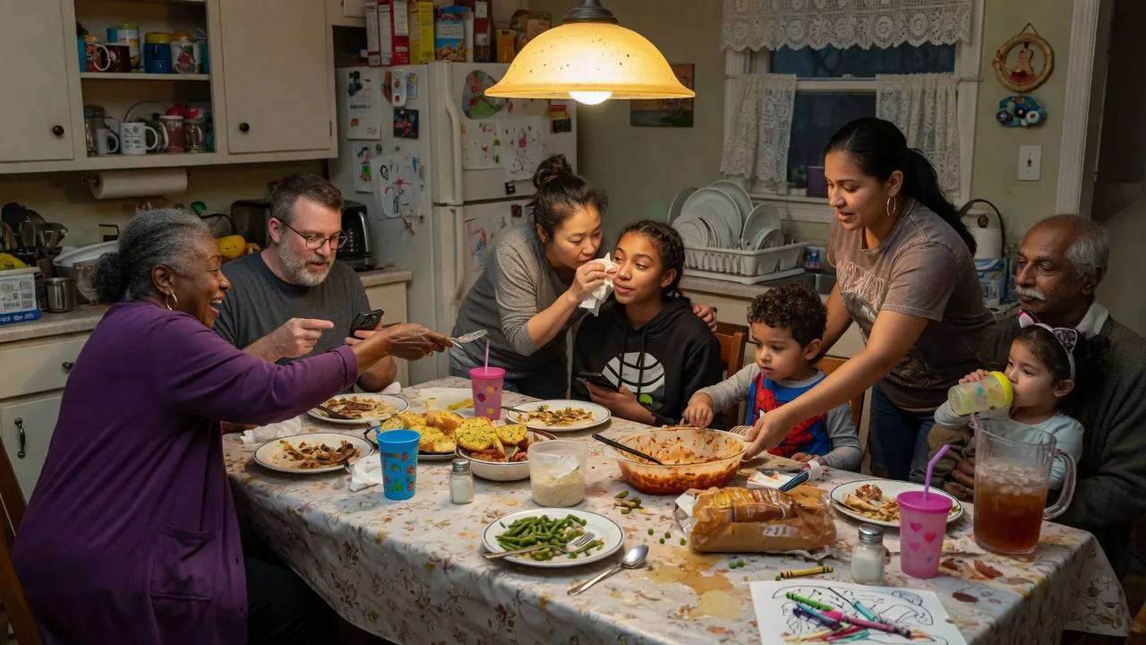An extended family shares a crowded kitchen-table dinner.