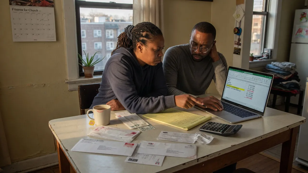A couple sits at a kitchen table with a calculator, notebook, and household bills.