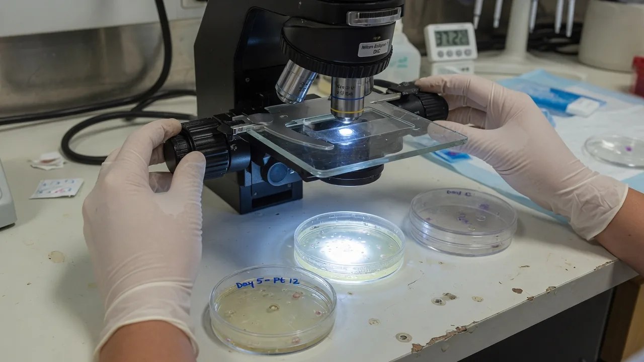 Gloved hands adjust a microscope beside petri dishes in a fertility lab.