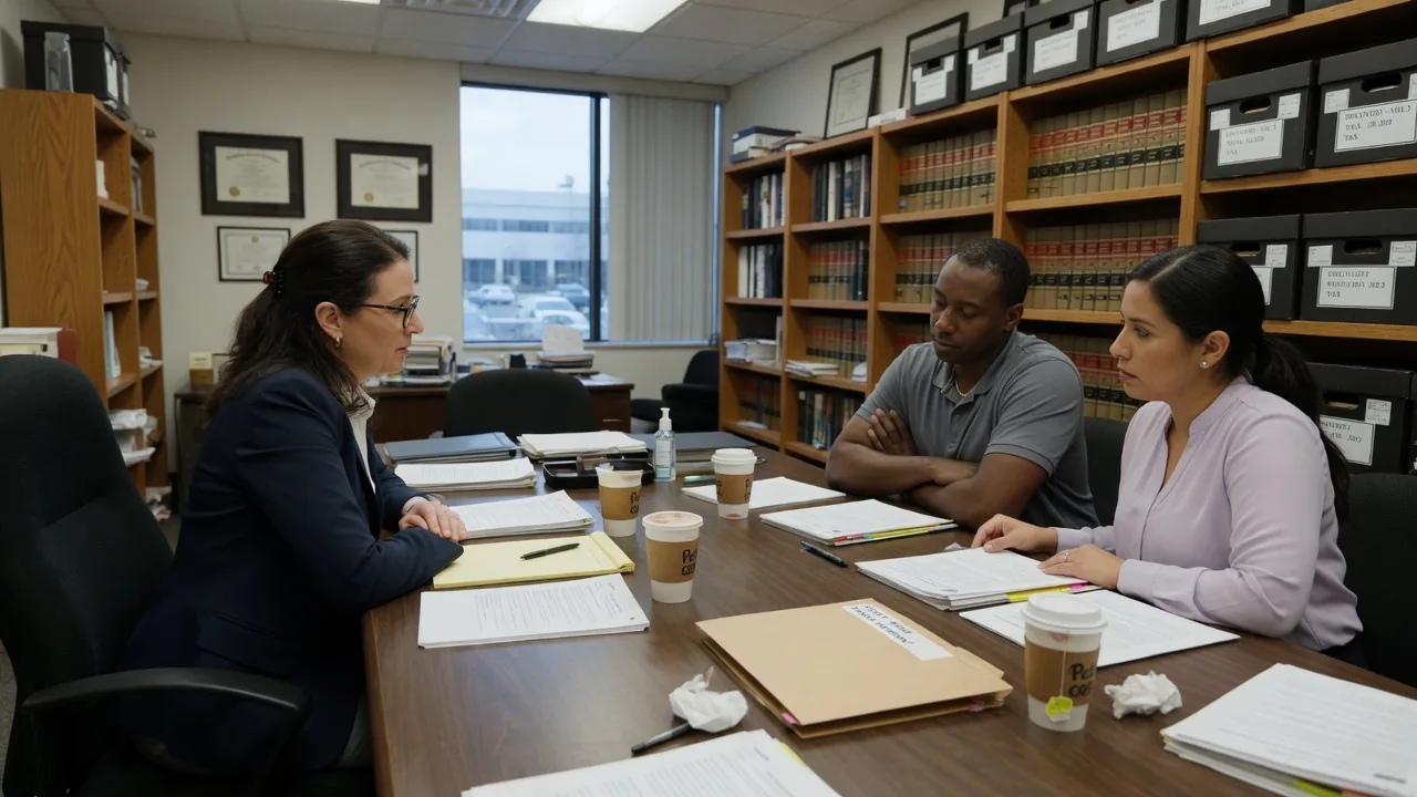 A couple reviews printed contracts with an attorney in a law office.