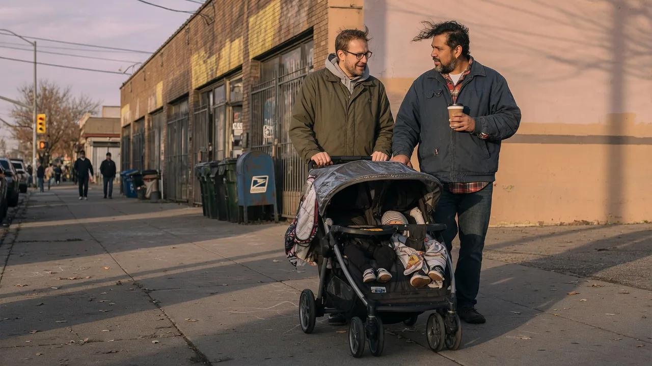 Two fathers walk a stroller down a city sidewalk.
