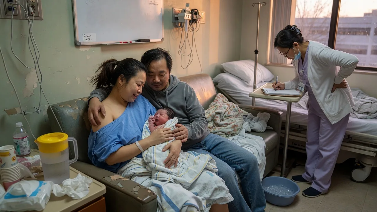 New parents sit on a hospital couch holding their newborn while a nurse writes notes.