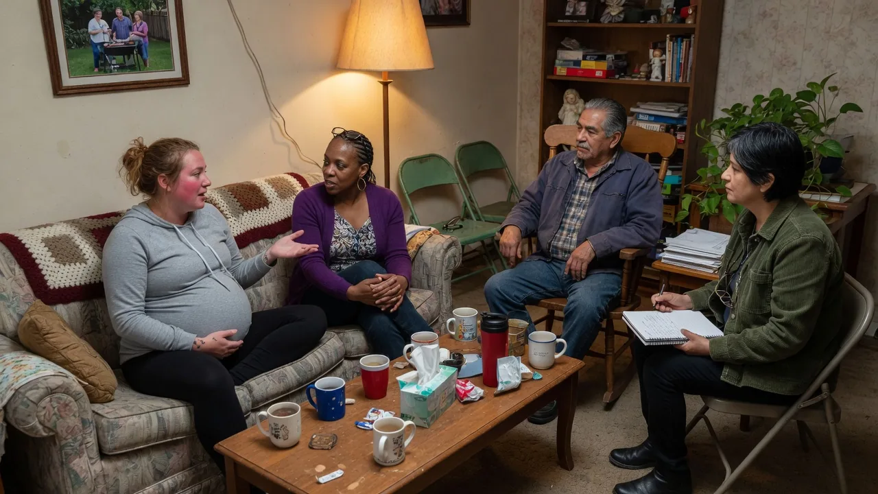 A small support group talks in a lived-in living room.