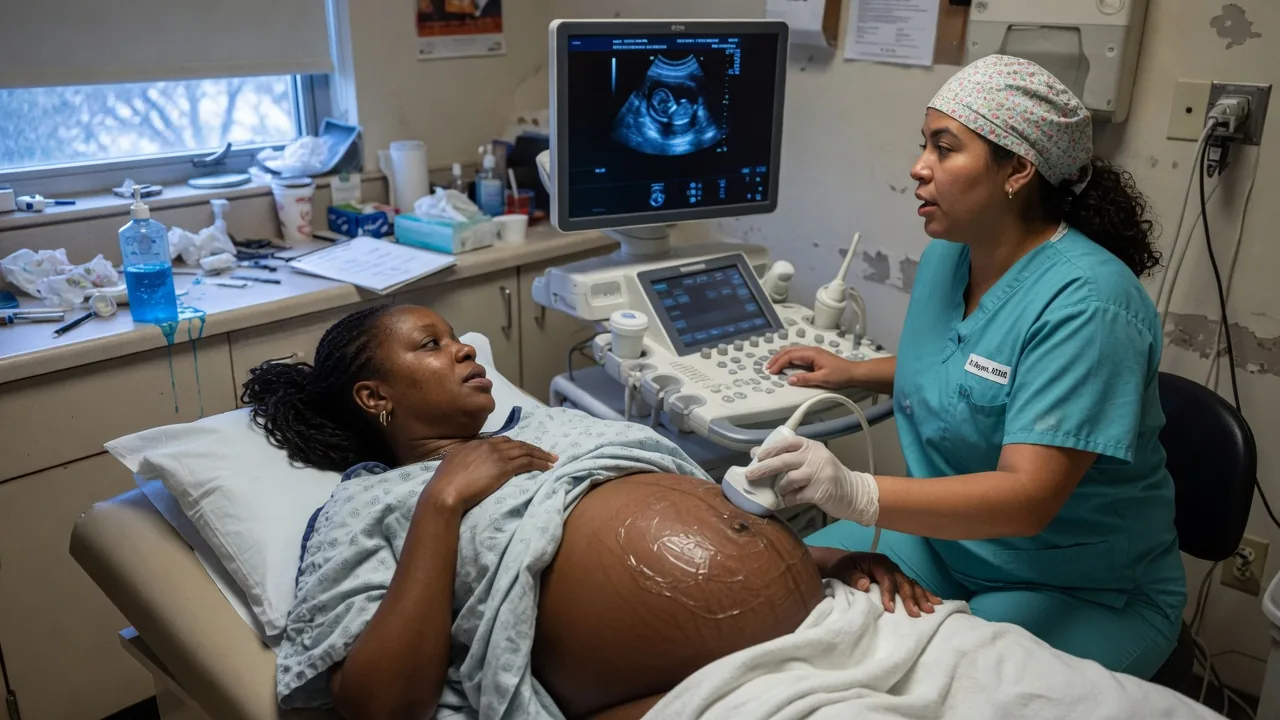 A pregnant woman has an ultrasound in a working clinic exam room.
