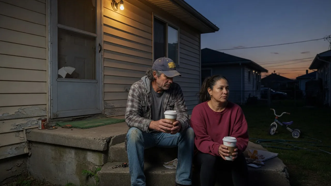 A couple sits on their front steps at dusk with coffee cups.