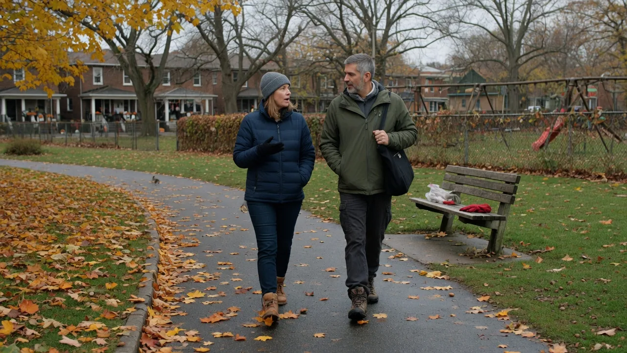 A couple walks and talks through a neighborhood park in autumn.