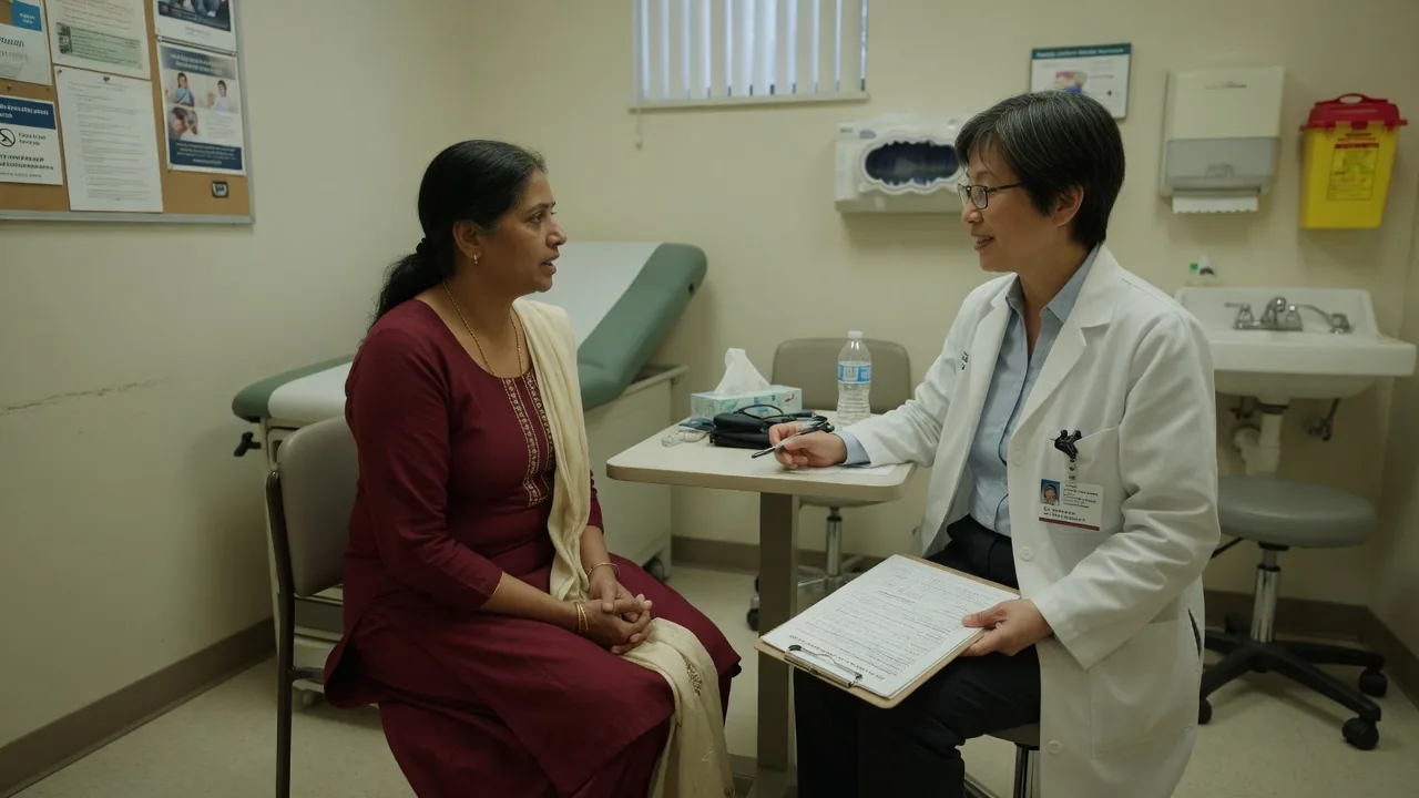 A woman talks with a doctor holding a clipboard in an exam room.