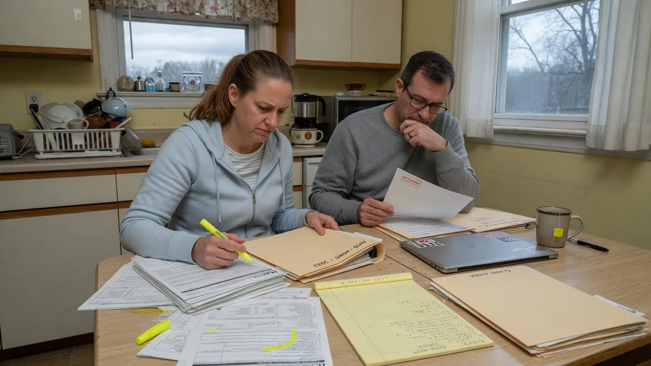 A couple highlights insurance paperwork at their kitchen table.