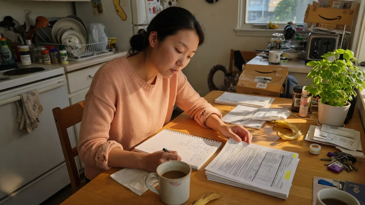 A young woman reviews a compensation packet and notebook at a sunlit kitchen table.