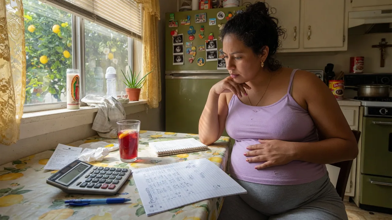 A pregnant woman sits at a kitchen table with a calculator and a handwritten budget.