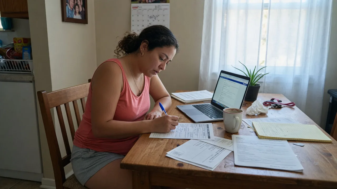 A woman fills out a paper application at her kitchen table with a laptop nearby.