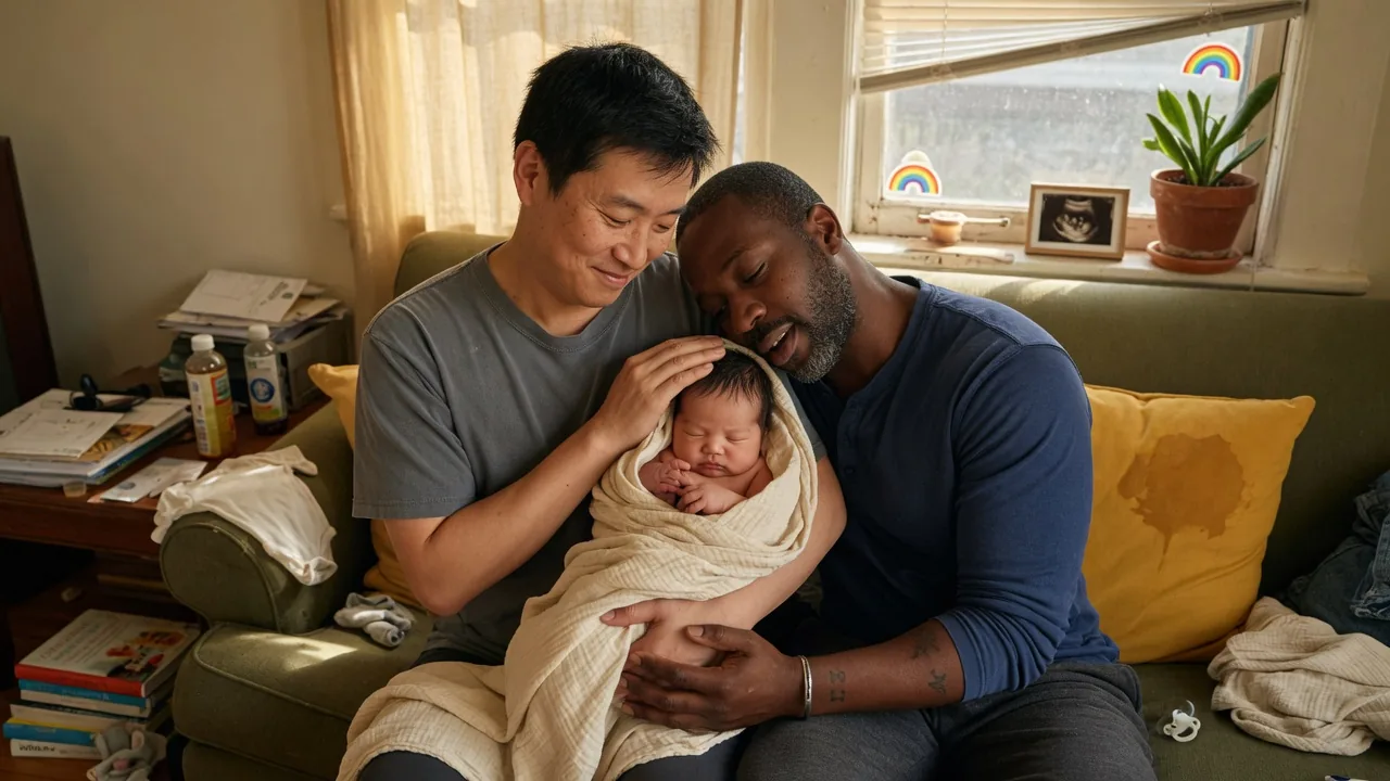 Two fathers sit on a sofa at home holding their sleeping newborn.