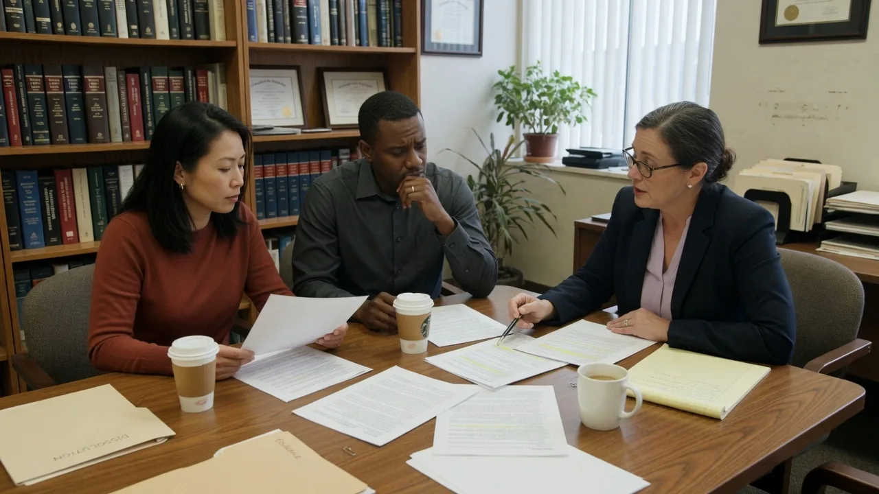 A couple reviews printed contracts with a family-law attorney in a law office.