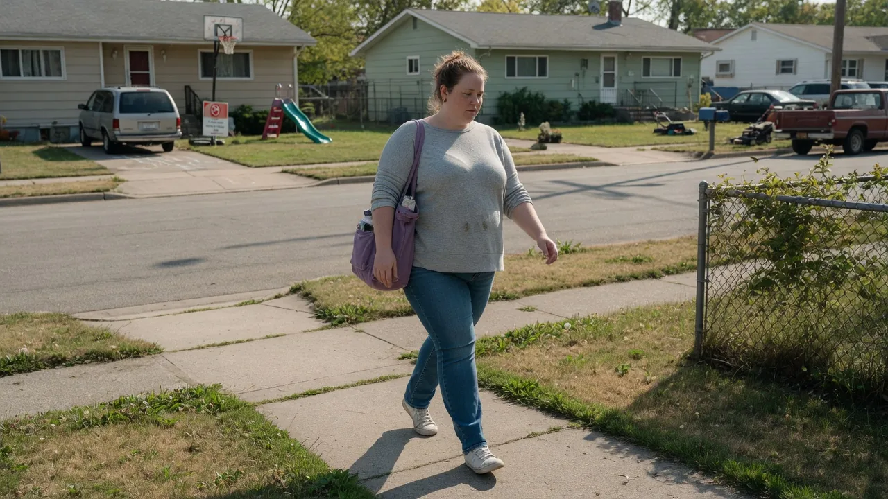A woman walking on a neighborhood sidewalk in everyday clothes.