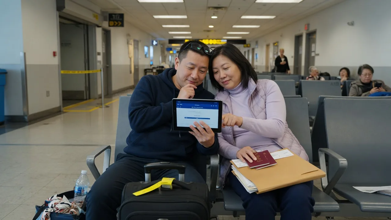 An East Asian couple sits at an airport gate reviewing a tablet, with passports and a travel folder on the seat.