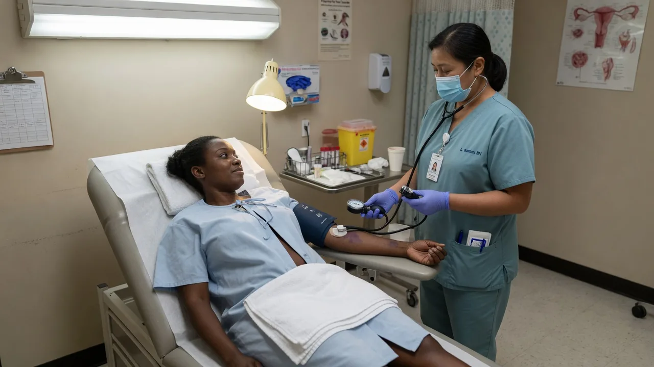 A patient on an exam table has her blood pressure taken by a nurse in a fertility clinic.