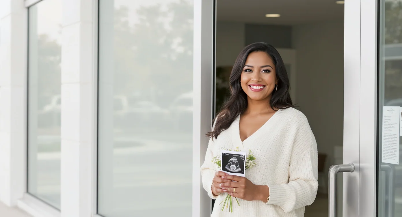 Gestational surrogate outside a clinic holding flowers and an ultrasound image after a milestone appointment.