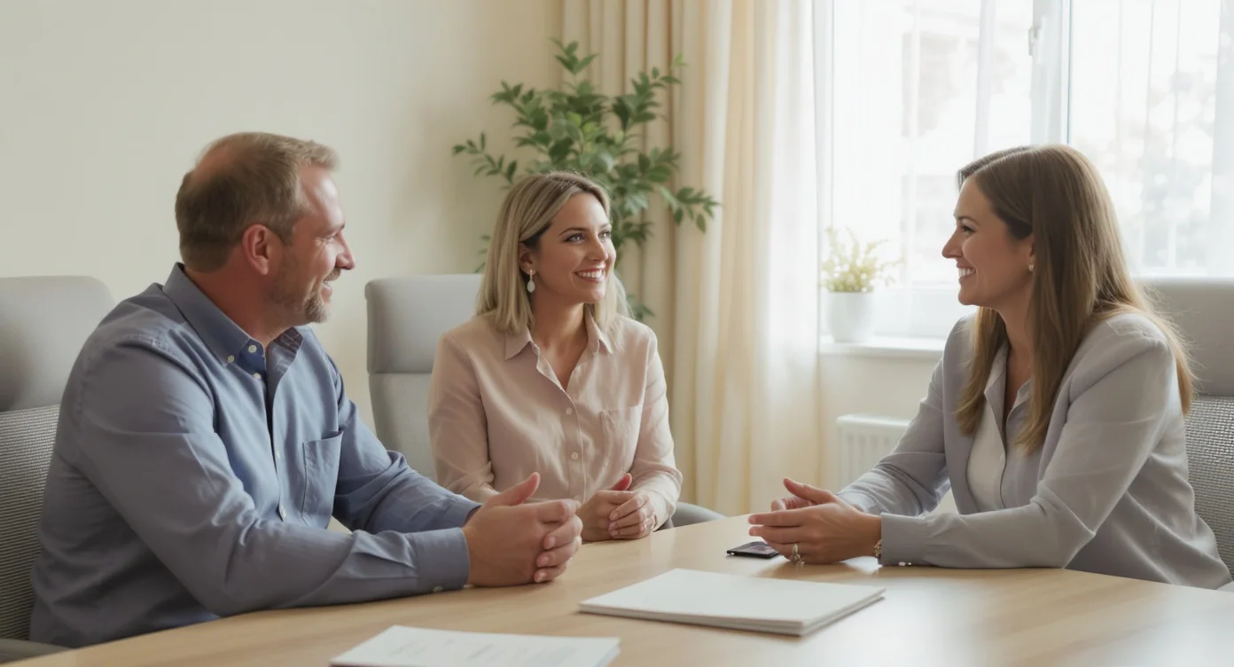 Intended parents and a care coordinator discussing family-building next steps in a private consultation.